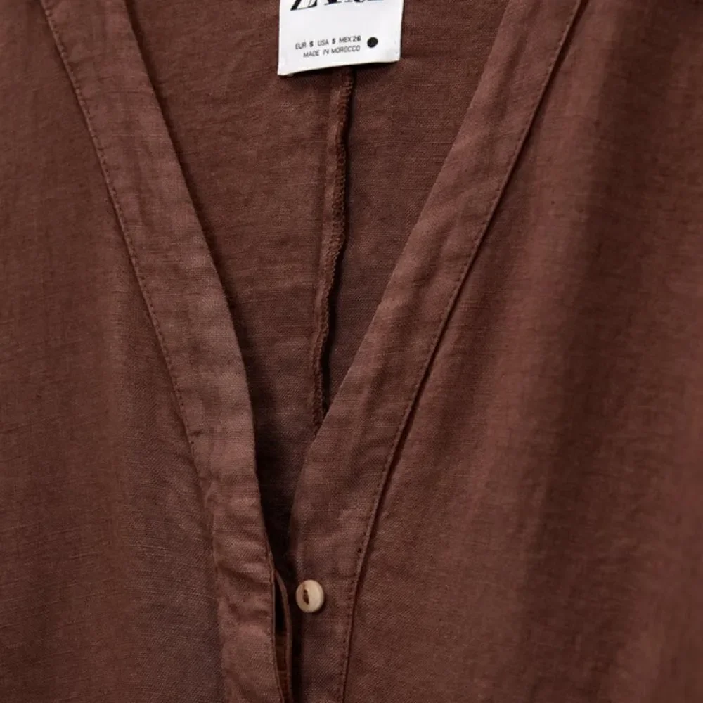 Zara Brown Full Length Linen Jumpsuit Size S NWT V-Neck Long Sleeve Romper